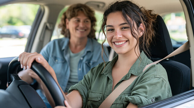A smiling Latin woman gains confidence behind the wheel while a patient private instructor gives guidance from the passenger seat, clean suburban road in daylight, Latin woman, driving