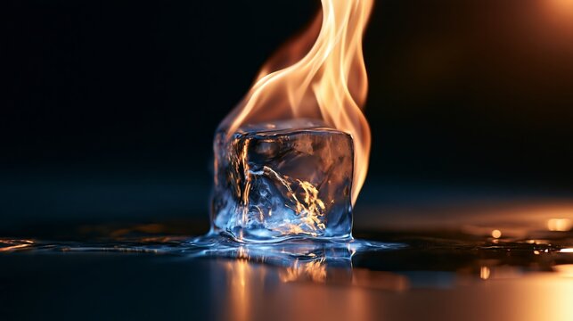 Burning ice cube melting on a reflective surface with bright flames, representing paradox and extreme contrast