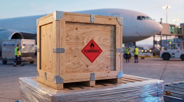 Flammable Dangerous Goods Wooden Shipping Crate at Airport Air Cargo Terminal