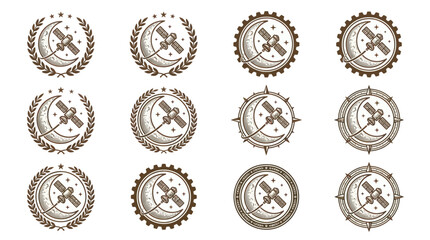 Collection of satellite and moon emblems with various borders. © Tuju