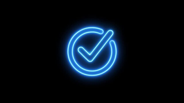 Glowing neon Animated green check mark icon. glowing neon check mark animation. Success, Approval, Validation, Completion. Check mark animation with green neon circle. Check mark success and approval 