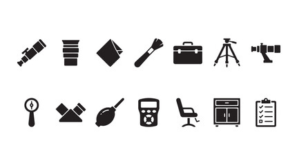 Astronomy and space science icons set, 15 black vector symbols for astrophysics and stargazing, telescope and observatory research graphics © Anika