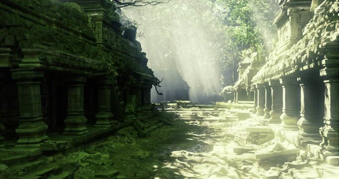 Sunlit ruins uncovered, Sunshine reveals ancient jungle sanctuary features, Light uncovers hidden details of jungle temple amidst moss and shadows
