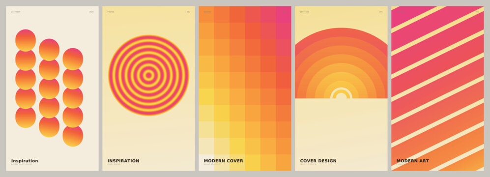 Pastel gradient poster templates vector set. Cream, orange and pink abstract covers with capsule shapes, concentric rings, pixel grid and radial arcs for social media, flyer and wall art design.