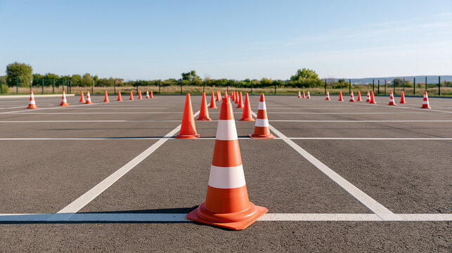 Wide view of an empty driving practice ground with orange cones arranged for parallel parking and turning exercises, clear painted lines under bright daylight, driving course, traffic