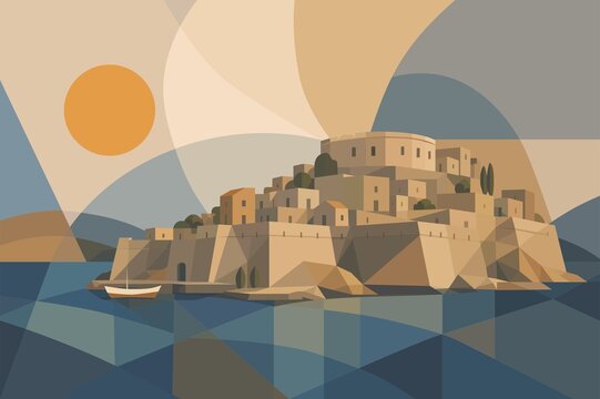 Abstract geometric illustration of Spinalonga Island, Crete, Greece