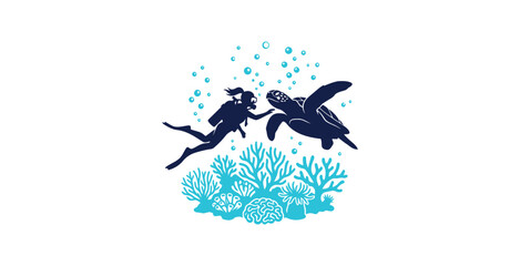 Scuba Diver and Sea Turtle Underwater Vector Illustration © Parade