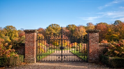 Fototapeta premium Black iron gate between brick pillars. Ornamental metal entrance to a park in autumn.