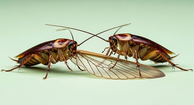 two cockroaches interacting with a fallen wing