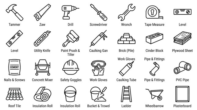 Construction tools and building materials icon set, 28 black line vector icons for home renovation, professional hardware and masonry equipment collection
