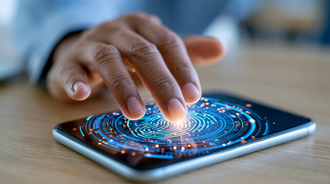AI-powered mobile security and digital payment authentication concept with smartphone, identity verification theme, defocused background, with copy space