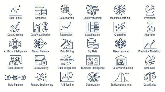 Data science line icons set, machine learning and artificial intelligence vector elements, big data analysis and statistical processing symbols