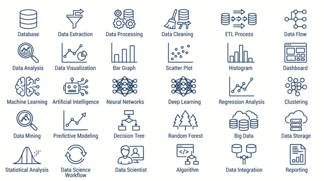Data science and machine learning icons set, 30 linear vector elements for artificial intelligence, big data analysis and statistical visualization