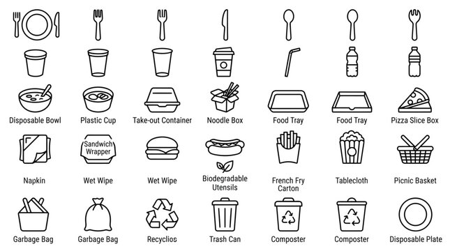 Disposable food packaging line icons, take-out container and restaurant supply vector set, eco-friendly waste management and recycling symbols
