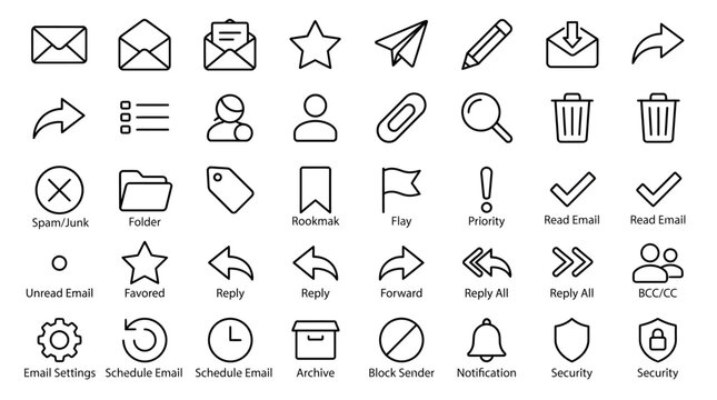 Minimalist email icons set, 40 line vector symbols for mail interface, black outline communication and messaging web elements for app design