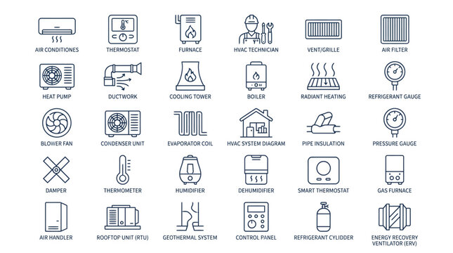 HVAC line icons set of 30 vector elements, heating and cooling system symbols, air conditioning and ventilation equipment icons for home maintenance