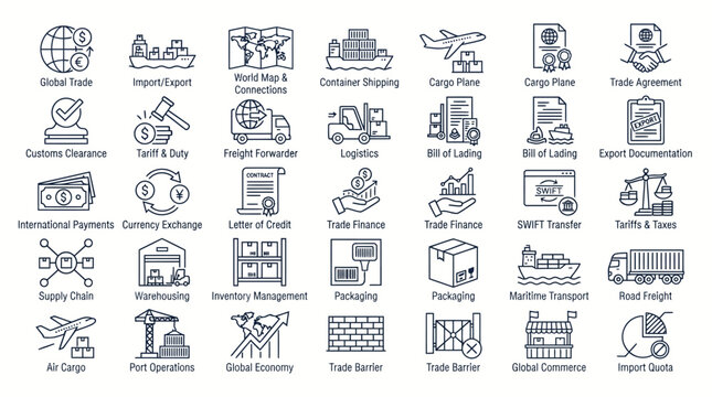 Global trade and logistics line icons, set of 35 international shipping and supply chain vector symbols, commerce and freight transport graphics