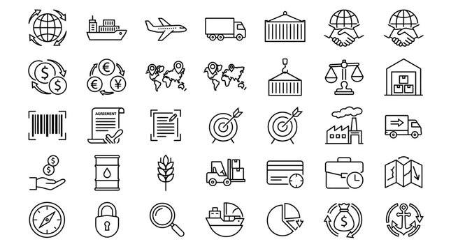 Logistics and global trade line icons set, 35 shipping and supply chain vector elements, international business and freight transport symbols