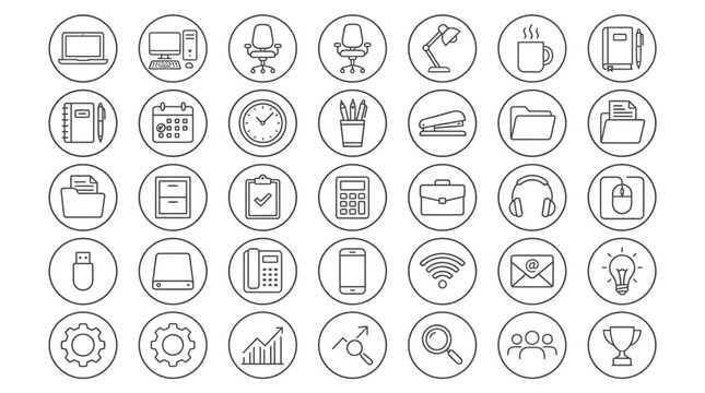 Minimalist office icons set, 35 thin line business pictograms in circles, professional workspace and corporate stationery vector elements