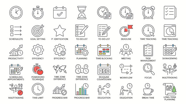 Time management line icons set, productivity and workflow planning vector elements, business scheduling and task tracking symbols for corporate dashboards