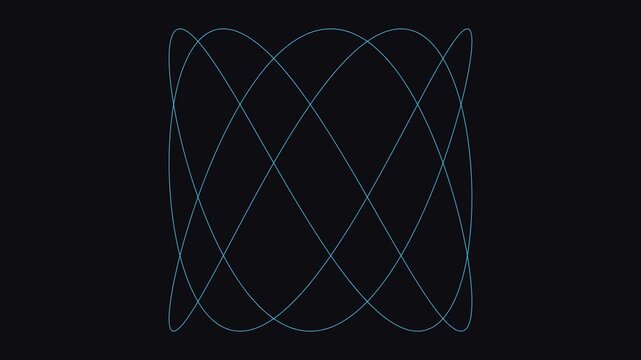 Cyan harmonic motion animation showing abstract lissajous curve evolving against black background with smooth oscillating physics.
