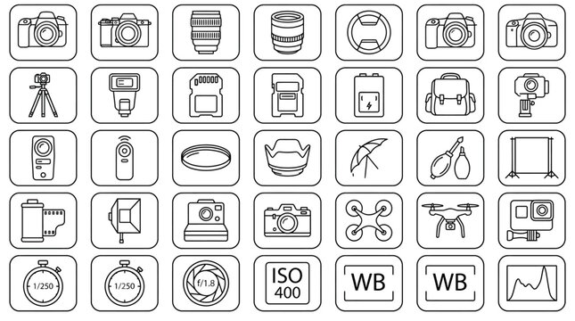 Photography equipment line icons set, 35 professional camera gear and studio accessory vector symbols, minimalist black and white digital imaging signs