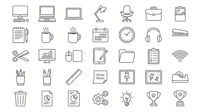 Minimalist office icons set, 35 thin line business workspace symbols, professional stationery and computer equipment vector collection for web design