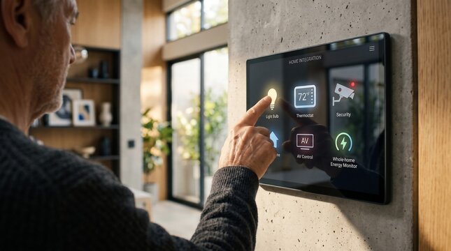 Senior man adjusting smart home lighting controls using wall mounted digital touchscreen interface system panel with finger operate smart