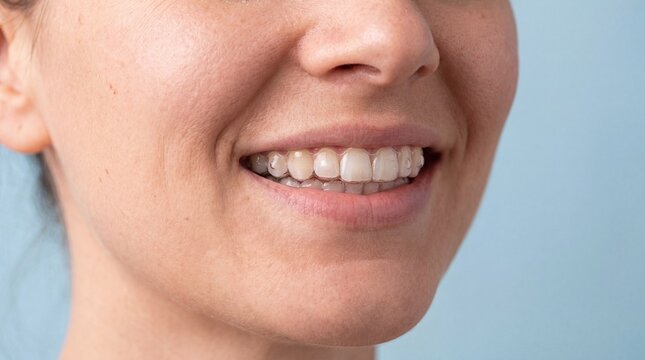 A smiling young woman shows transparent dental aligners on her teeth during orthodontic treatment, highlighting discreet tooth straightening, smile correction, and modern oral healthcare.