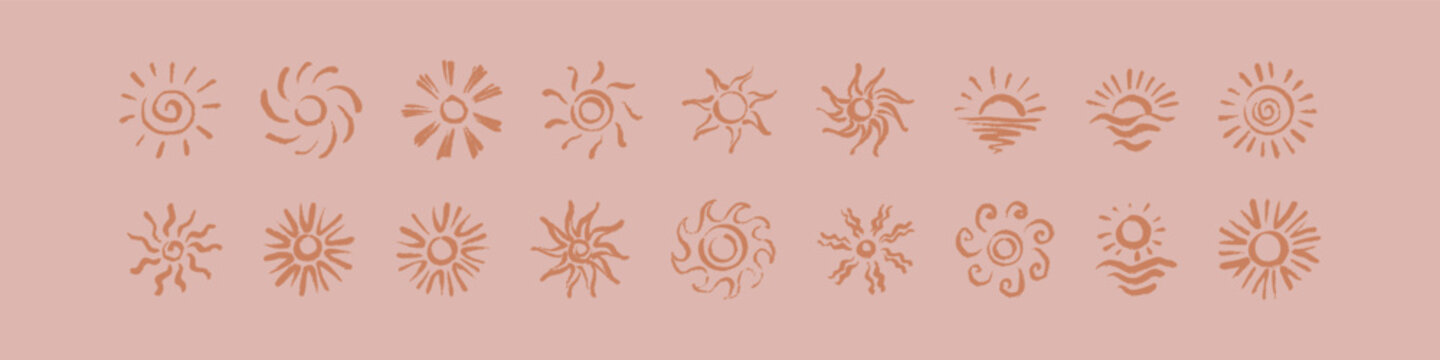 Boho sun shape icon set. Hand drawn crayon, pencil, pastel, chalk sketch wavy ray spiral sun. Sunset, sunrise freehand childish scribbles. Paint brash summer retro groovy abstract vector illustration
