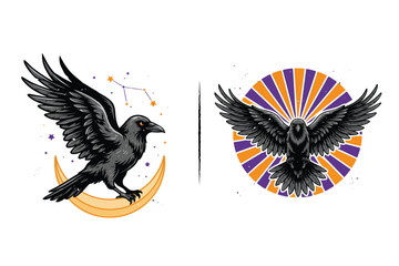 Obraz premium Fantasy Celestial Raven Bird Vector Illustration Isolated on White Background