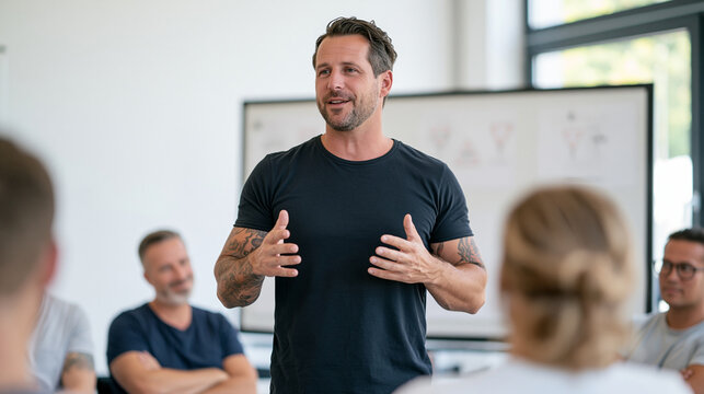 A professional teacher explains generic traffic signs and right-of-way diagrams to a small adult class in a clean modern driving school classroom, attentive students facing a whiteboard,