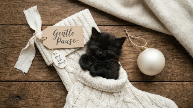 Adorable tiny black kitten sleeping peacefully inside a white knitted Christmas stocking on a wooden surface with a holiday ornament and tags, perfect for festive winter decor and seasonal card gifts.