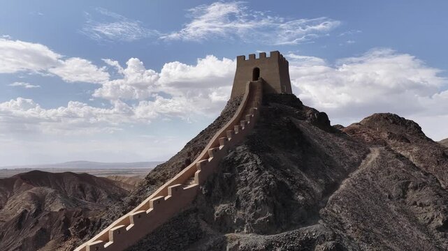 Ancient Chinese Great Wall Watchtower and Fortification on Rugged Mountains in Gansu Province, Northwest China