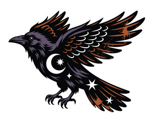 Obraz premium Mystical Celestial Raven Bird Vector Illustration Isolated on White Background