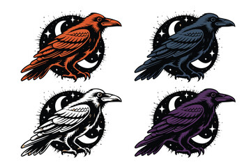 Obraz premium set of Mystical Celestial Raven Bird Vector Illustration Isolated on White Background