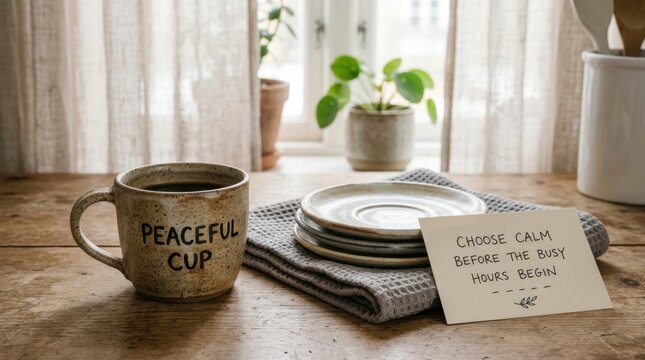 Rustic ceramic coffee mug featuring peaceful cup text sits on a wooden table next to an inspirational note and small plates under soft window light providing a mindful morning atmosphere in calm house