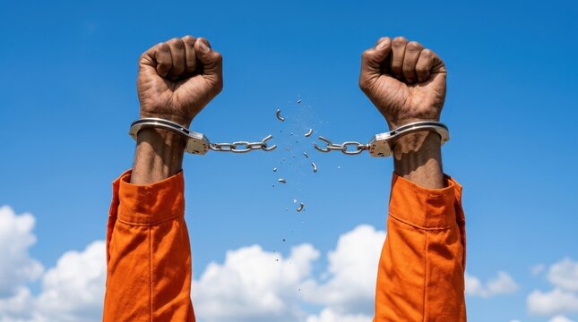 Powerful hands of prisoner in orange uniform breaking metal handcuffs against a clear blue sky background symbolizing freedom justice and escape from captivity for human rights and social justice now.