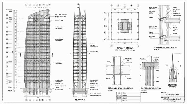 Architectural blueprint for a modern skyscraper, showcasing detailed structural plans and elevation views, highlighting engineering precision and design innovation