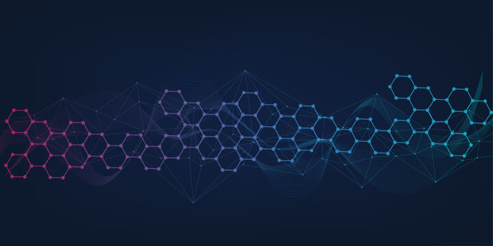 Modern scientific background with hexagons, lines and dots. Wave flow abstract background. Molecular structure for medical, technology, chemistry, science. Vector illustration