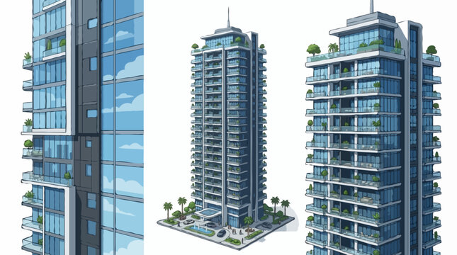 Three modern high-rise apartment buildings with glass balconies and sleek architectural designs