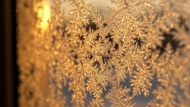 Golden snowflake pattern forming on glass in warm sunlight, abstract winter crystal frost texture, seasonal nature detail
