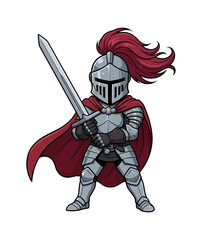 Fototapeta premium A brave cartoon knight stands holding a sword with a red cape and plume ready for battle