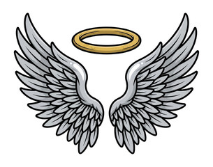 Obraz premium Angelic gray wings with a shining golden halo floating above in a cartoon illustration style