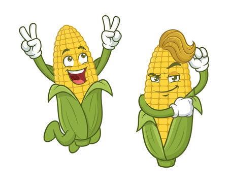 Happy jumping corn character making peace signs beside a cool smirking corn character with stylish hair