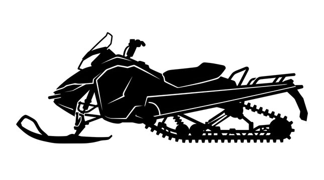 Black silhouette of a modern snowmobile. Perfect illustration for winter sports, extreme outdoor activities, mountain resorts, and snowy terrain transportation.