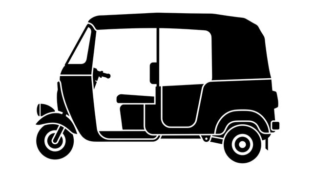 Black silhouette of a traditional auto rickshaw or tuk-tuk. Ideal for Asian travel, urban public transportation, and city tourism design projects.