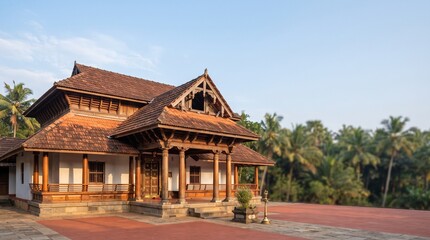 Fototapeta premium Traditional Kerala house with wooden architecture. Historic Nalukettu home in tropical garden.