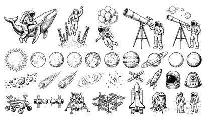 Historic Engraved Astronaut and Solar System Vintage Space Vector Collection © Md