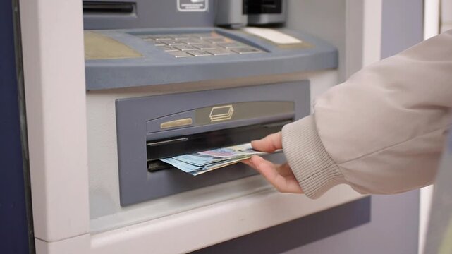 Woman using ATM machine to get money with hand taking cash and currency from automated teller for banking transaction in 4K Ultra HD footage
